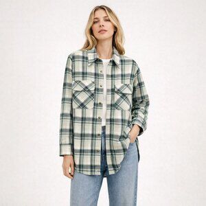 Aritzia Tna Womens XS Oversized Shirt Jacket Button Up Shacket Blue Plaid Cozy